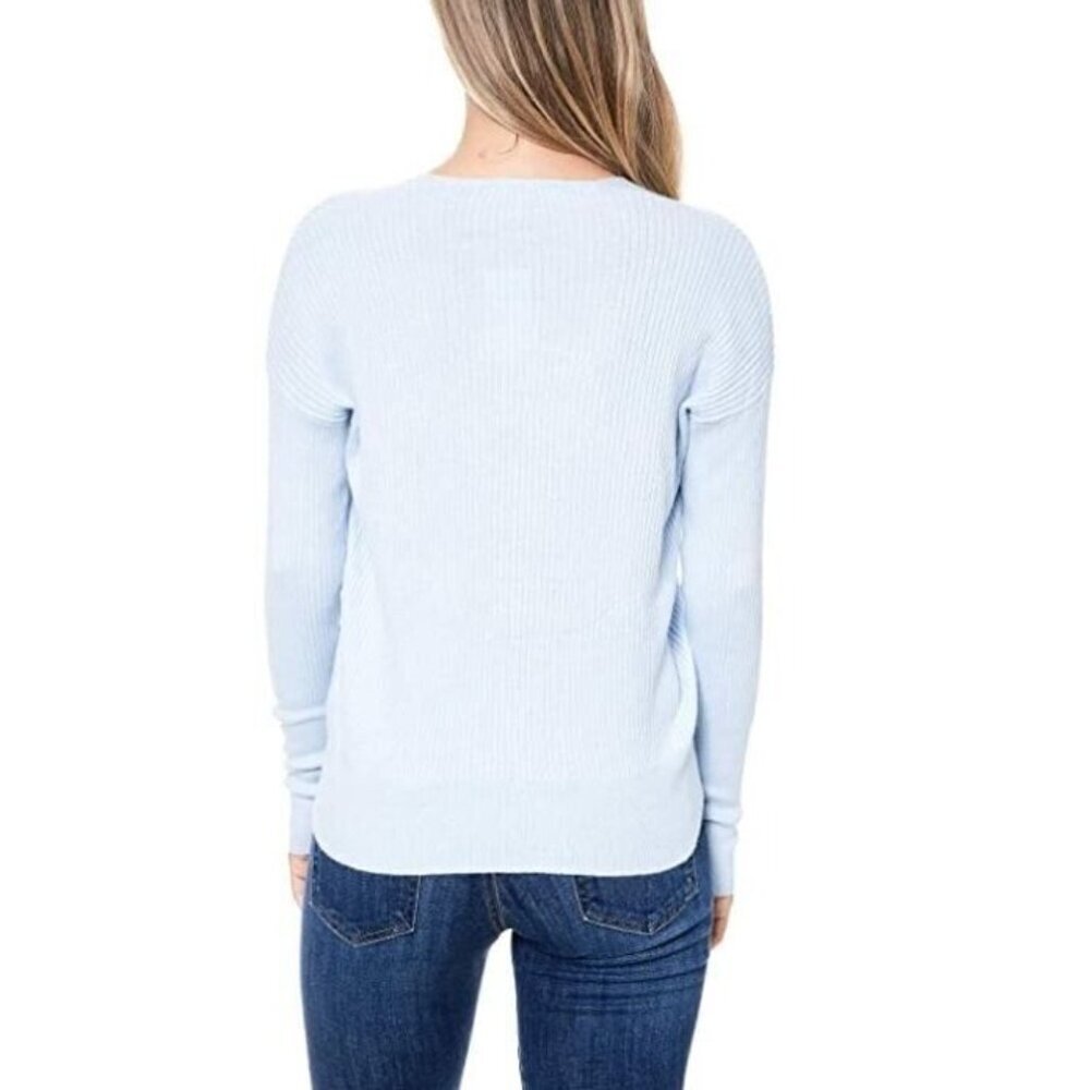 Elodie Faux Wrap Surplice Sweater Ribbed V Neck Knit Top Light Blue SZ M New - Picture 3 of 3